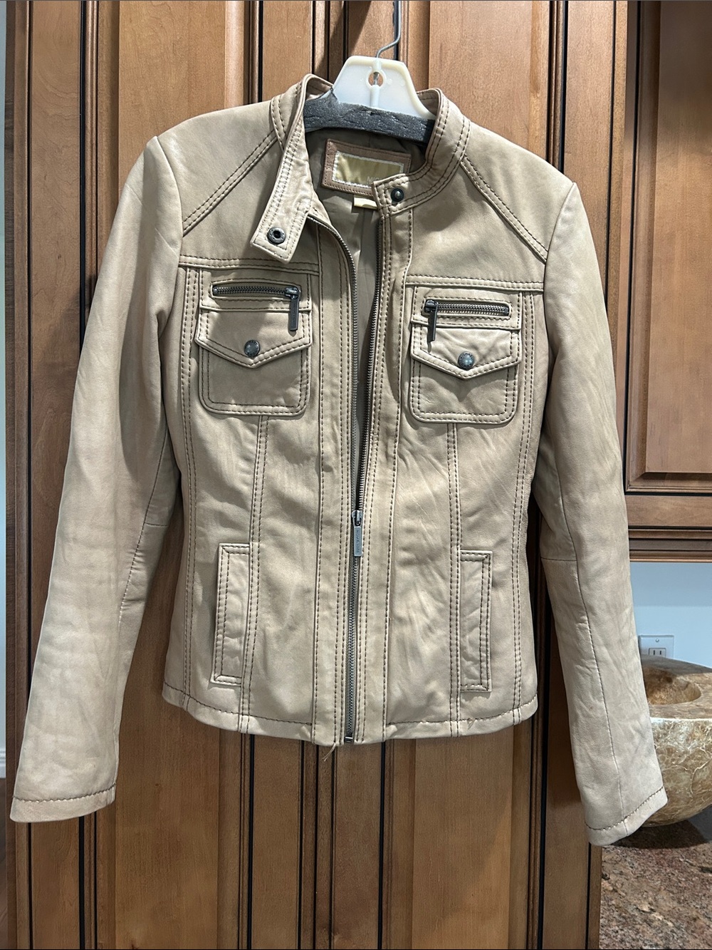 MICHAEL Michael Kors Beige Leather Moto Jacket with Chest Pockets